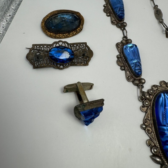 RARE (Entire Full Set) 1960s Taxco Sterling Silver and Blue Glass Jewelry Marked - Picture 7 of 15